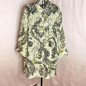 GRAFF Floral Paisley Green and Gold Semi Sheer‎ Blouse XL